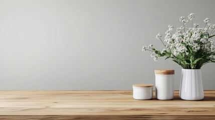 Aufkleber - White Vase and Jars on Wooden Table with Flowers.