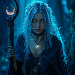 Canvas Print - Fantasy witch or dark woman with a serene demeanor and sharp features, she has silver and midnight blue hair, epic forest