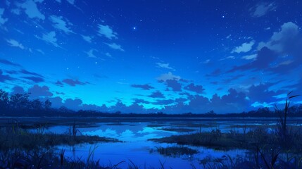 Wall Mural - florida everglades at night, blue theme, anime style, fantasy like