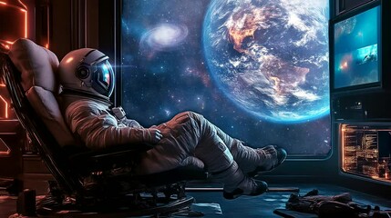 Wall Mural - Astronaut looking at Earth, galactic view from spaceship. Seamless loop video background
