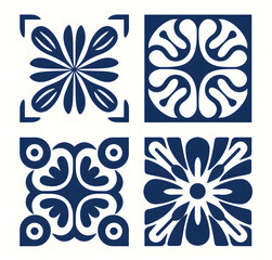 Blue geometric floral tiles ornament flat style. Portuguese azulejo motifs. Vintage Floor Tile geometric design with ornamental element