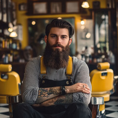 Sticker - stylish young man with a big beard in a barber shop