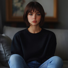 Poster - woman in her 30 wearing a black oversized sweatshirt, no wrinkles or folds , siting on sofa