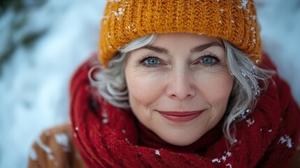 Wall Mural - top view portrait of senior woman with hat outdoors lying on snow looking at camera