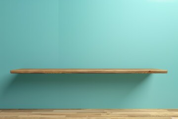 A minimalist wooden shelf mounted on a turquoise wall in a bright room