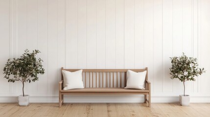 Poster - Minimalist Interior Design with Wooden Bench and Plants.
