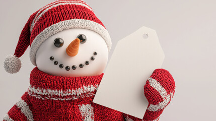 Frosty Snowman in cozy red and white sweater holds blank gift tag, ready for holiday season. This cheerful character brings warmth and joy to winter celebrations