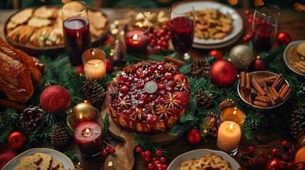 Wall Mural - A festive Christmas  or New Year Feast featuring a beautifully decorated holiday table filled with desserts and candles in a cozy setting. Generative AI