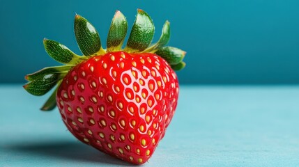 Wall Mural - Closeup of a Fresh Strawberry on a Blue Background.