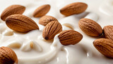 Almond milk, close up of almond milk liquid with fresh organic almond nuts. Plant based, lactose free milk for vegan diet