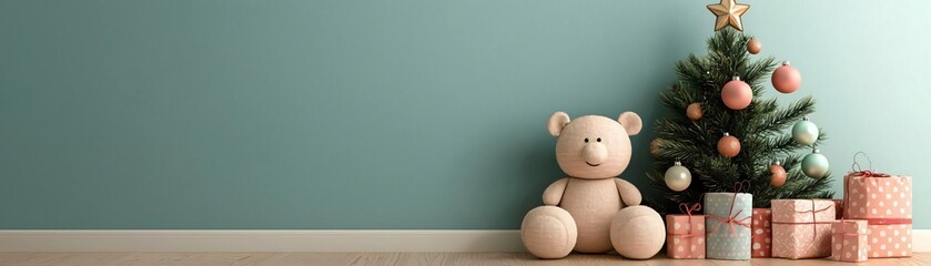 Cozy Christmas scene featuring a teddy bear, decorated tree, and beautiful gift boxes against a soft green wall.