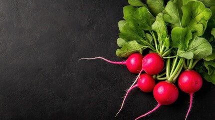 Sticker - Fresh Red Radishes on Black Background.