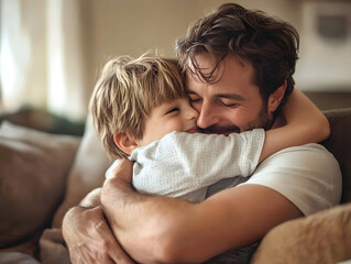 Heartwarming father and son embrace, capturing love and joy in a cozy home setting