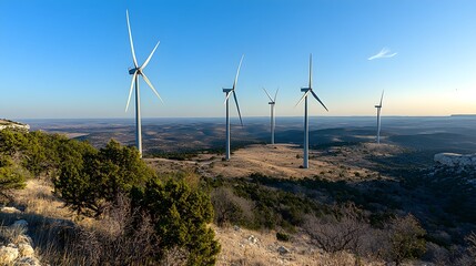 Wall Mural - A stunning image of multiple wind turbines standing tall against a clear blue sky, gracefully spinning to generate renewable energy, showcasing the advancement of clean green technology in a 