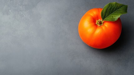 Wall Mural - Single Persimmon with Leaf on Grey Background.