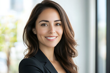 Professional young businesswoman smiling confidently in modern office environment