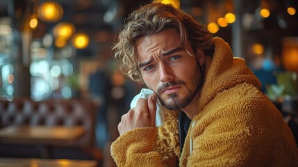 A young man with tousled hair and a yellow hoodie sitting in a cozy café during the evening, looking contemplative and thoughtful