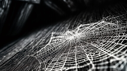 Spider web closeup on dark wooden surface