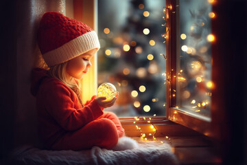 Cute little girl wearing a pijama and a red winter hat sitting by a window and holding a glass ball lit with christmas lights.