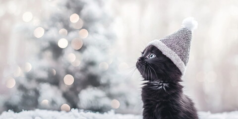 A cute fluffy black kitten in a christmas hat sitting on the ground against an Christmas tree with silver decor