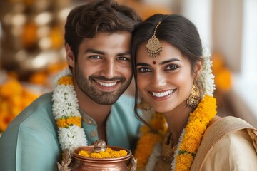 Cheerful Indian Bride and Groom Celebrating Hindu Wedding with Traditional Garlands and Rituals