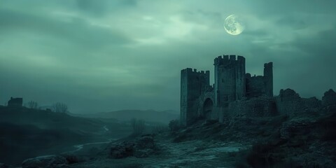 A haunting castle ruins under a cloudy night sky, illuminated by a full moon, evoking mystery and ancient history.