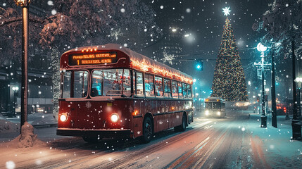 decorated city bus in the snow with a christmas tree in the background