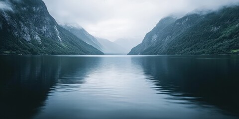 A serene landscape of a calm lake surrounded by majestic mountains under a cloudy sky, perfect for nature enthusiasts and explorers.