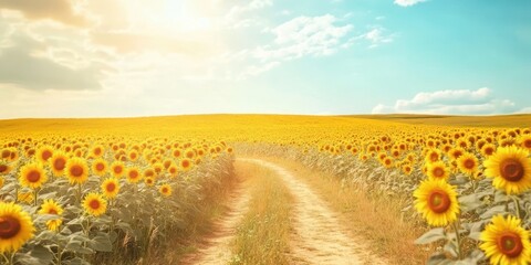 A serene sunflower field under a bright sky, showcasing vibrant blooms and a peaceful dirt path, perfect for nature lovers.