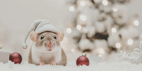 A cute domestic rat/ hamster/mouse in a christmas hat, sitting on the ground, against an Christmas with silver decor, and a tree with minimalist decoration in white and greyish violet elements 