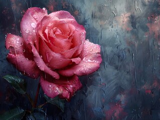 Wall Mural - Pink Rose with Water Drops - Closeup Photography