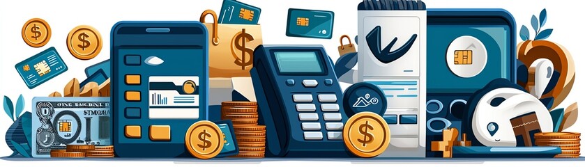 Flat design of financial devices and currency symbols on white isolate background.