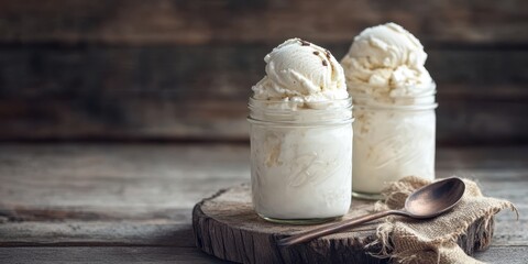 Delicious ice cream in jars, perfect for summer treats or dessert photography with a rustic wooden background.