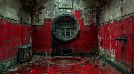 Canvas Print - Abandoned Room with Red Tiles and Circular Window