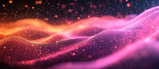 Wall Mural - Abstract digital wave background with glowing particles and bokeh lights in red, pink, and orange hues.
