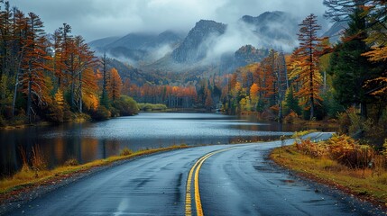 Wall Mural - Autumn Road Through Misty Mountains and Lake