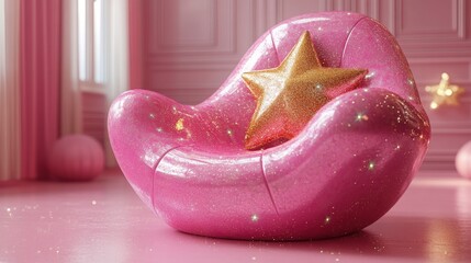 Canvas Print - A shiny pink chair with a star-shaped cushion in a playful setting.