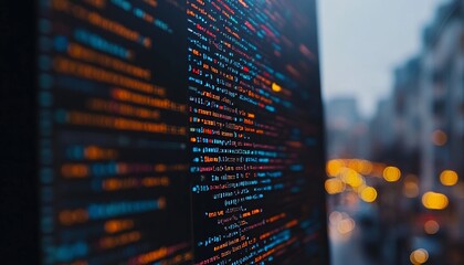 Wall Mural - abstract technology background, lines of colorful programming code on screen, selective focus