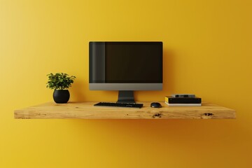 Modern workspace setup with computer, keyboard, and plant against a yellow wall