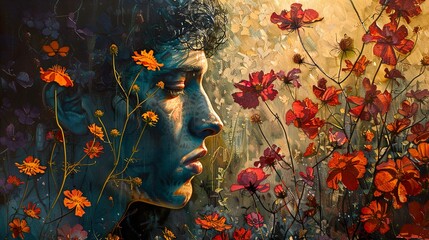 Canvas Print - A Man's Portrait Surrounded by Flowers: A Dreamlike Painting