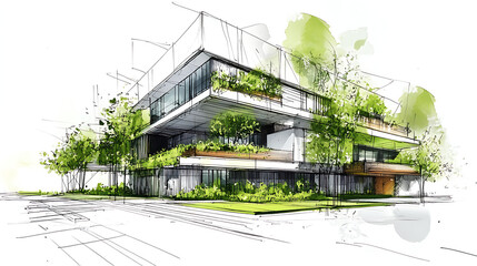 Architectural sketch of a modern, sustainable building featuring green spaces and eco-friendly design elements