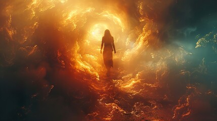 Canvas Print - Woman Walking Through Fire Clouds - A Journey of Hope