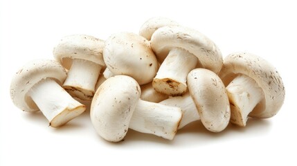 A group of fresh button mushrooms, neatly arranged on a clean white background, highlighting their smooth texture and natural shape.