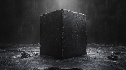 Canvas Print - A dark, textured cube illuminated in a misty, atmospheric environment.