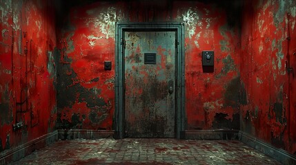 Poster - Red Walls and a Rusty Door: An Abandoned Interior