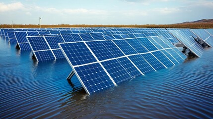 Solar panels submerged, an ironic image of green technology struggling during climate-induced disasters