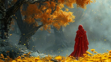 Poster - Enchanted Forest: A Woman in Red Cape Amidst Golden Leaves