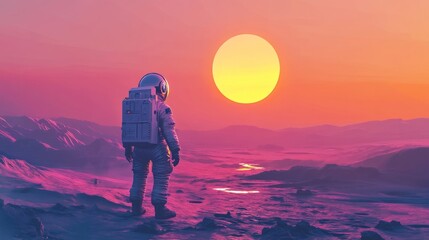 Wall Mural - An astronaut stands alone on an extraterrestrial landscape, looking towards a setting sun, representing exploration, ambition, and the human spirit of adventure in the vast unknown