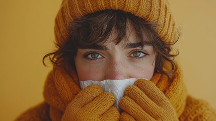 A person in cozy yellow knitwear embraces the winter season with warmth and comfort, showcasing a soft, smiling expression