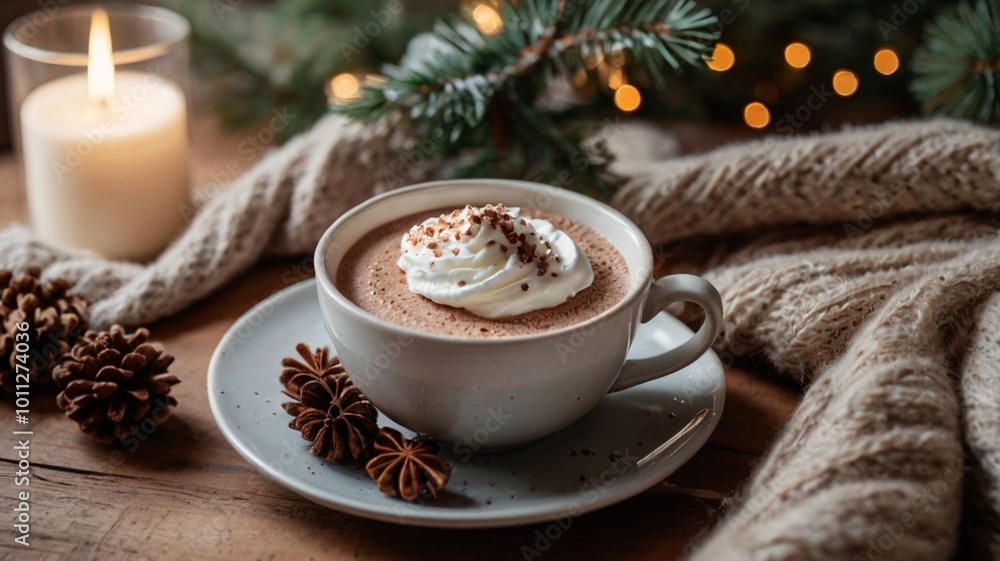 A cup of warm cocoa with macaroon and cozy winter decor flat lay. Warm drink top view
